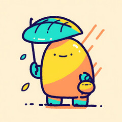 Fototapeta premium Cute cartoon character holding umbrella and small fruit, radiating joy and playfulness