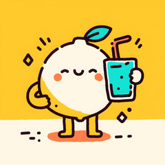Fototapeta premium Cute lemon character holding refreshing drink, radiating joy and fun