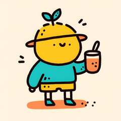 Cute cartoon character holding drink, wearing lemon themed outfit, cheerful expression