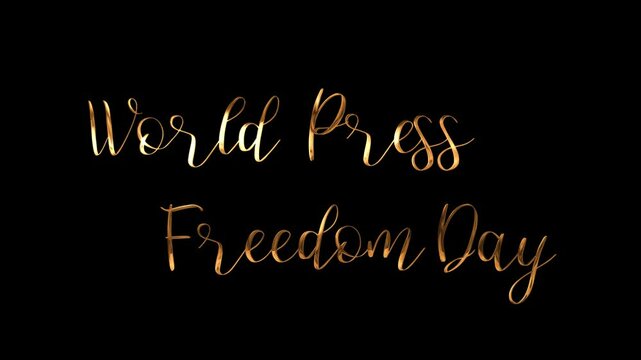 Black background with gold cursive writing celebrating World Press Freedom Day; perfect for social media posts, website banners, and event promotions.