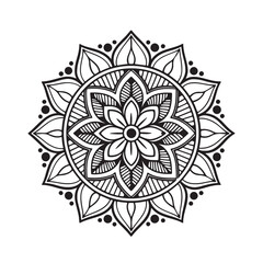 Intricate Mandala Design Symmetrical Floral Pattern in Black and White Line Art