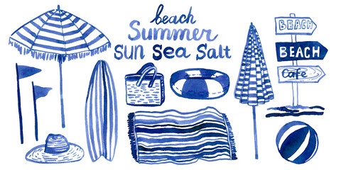 Hand drawn watercolor coastal resort stuff with surf, lifebuoy, bag, umbrella, flag, towel. Can use for print, clothes print, t-shirt, poster, invitation, illustration, element design.