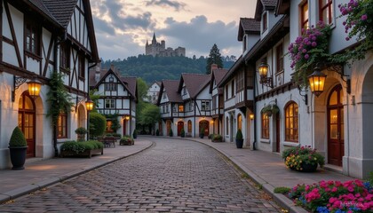 Obraz premium Winding cobblestone street scene with guildhalls, lanterns, citadel, flowers, and a twilight sky.