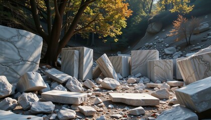 Fractured marble quarry with ancient machinery, forest backdrop, dappled light, abandoned industrial scene.