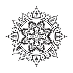 Intricate Mandala Design Symmetrical Floral Pattern in Black and White Line Art