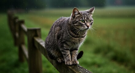 Fototapeta premium Tabby Cat Sitting on Wooden Fence in Rain Green Field Background Pet Animal