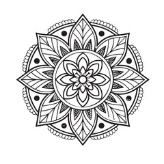 Intricate Mandala Design Symmetrical Floral Pattern in Black and White Line Art