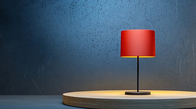 Modern red lamp on circular wooden base against textured blue wall, creating a cozy atmosphere