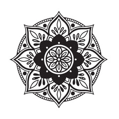 Intricate Mandala Design Symmetrical Floral Pattern in Black and White Line Art