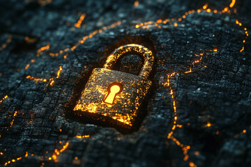 Glowing padlock embedded in dark textured surface digital art