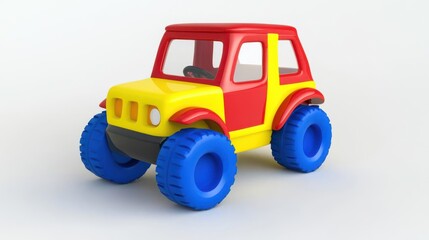 Fototapeta premium Colorful toy car with oversized tires, set against a simple white background, ideal for children's play