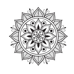 Intricate Mandala Design Symmetrical Floral Pattern in Black and White Line Art