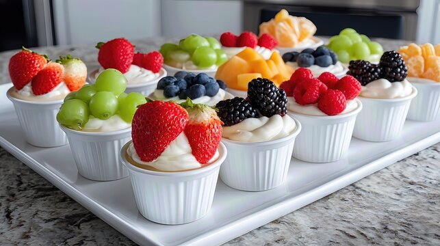 A tempting array of dessert cups bursts with fresh fruits, layered creams, and vibrant toppings, creating a feast for the eyes in a bright, inviting display.

