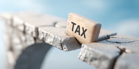 A wooden block with the word "TAX" is precariously balanced on a rocky edge, symbolizing financial challenges and responsibilities.