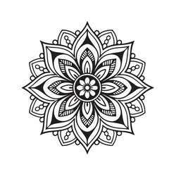Intricate Mandala Design Symmetrical Floral Pattern in Black and White Line Art