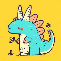 Obraz premium Cute blue dinosaur with spikes and friendly expression, set against bright yellow background