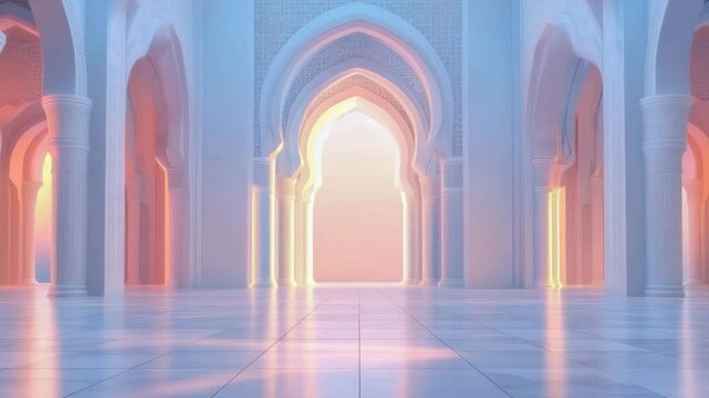 Majestic sunrise illuminating ornate arches of grand mosque: a serene spiritual scene