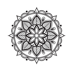 Intricate Mandala Design Symmetrical Floral Pattern in Black and White Line Art