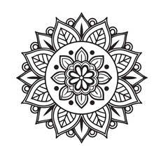 Intricate Mandala Design Symmetrical Floral Pattern in Black and White Line Art