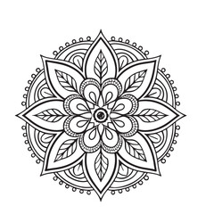 Intricate Mandala Design Symmetrical Floral Pattern in Black and White Line Art