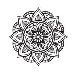 Intricate Mandala Design Symmetrical Floral Pattern in Black and White Line Art