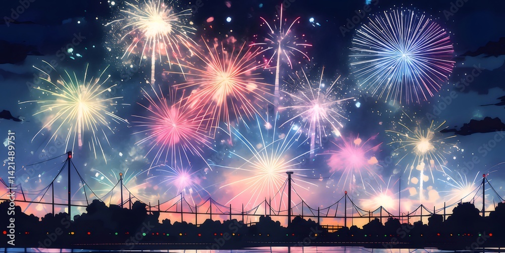 Aufkleber 夜空に咲くカラフルな花火 夏の夜空を彩る光の祝祭風景