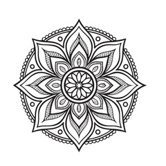 Intricate Mandala Design Symmetrical Floral Pattern in Black and White Line Art