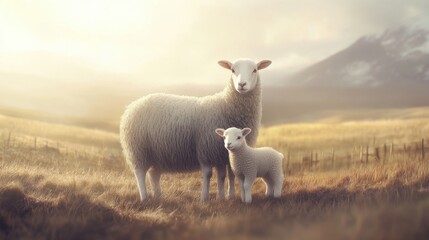 Obraz premium Serene Sheep and Lamb in Tranquil Meadow at Sunrise