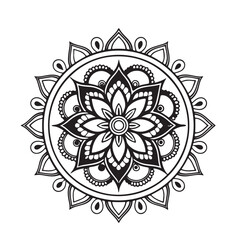 Intricate Mandala Design Symmetrical Floral Pattern in Black and White Line Art