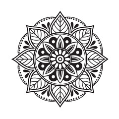 Intricate Mandala Design Symmetrical Floral Pattern in Black and White Line Art