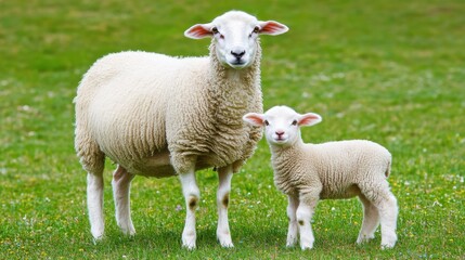 Fototapeta premium Adorable mother sheep and her cute lamb standing in green pasture