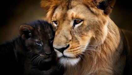 Fototapeta premium Una leona acaricia tiernamente a su cachorro; su vínculo de amor y fuerza se hace evidente en el primer plano.