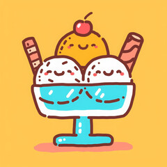 Cute ice cream sundae with smiling faces, topped with cherry and wafer sticks, brings joy