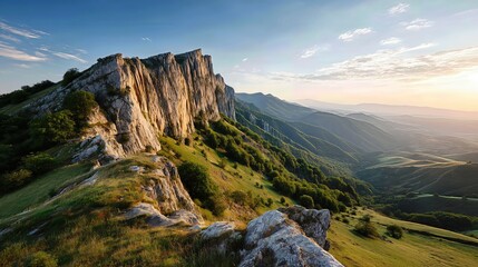 Golden sunlight bathes the rugged cliffs and rolling green hills in a warm glow, transforming the majestic mountain landscape into a breathtaking scene of serenity at sunset.