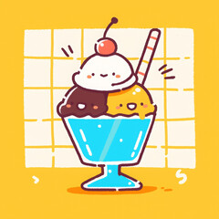 Cute and funny ice cream sundae with cherry and straw, perfect for dessert lovers