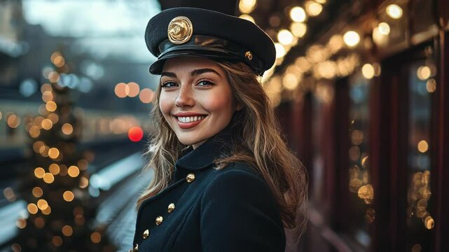 Smiling train conductor in uniform with festive Christmas lights and train visible.