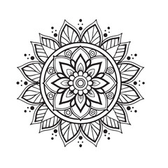 Intricate Mandala Design Symmetrical Floral Pattern in Black and White Line Art