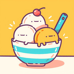 Cute and funny ice cream sundae with three scoops and cherry on top, perfect for dessert lovers