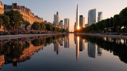 Naklejka premium City skyline reflected in tranquil waters at sunrise