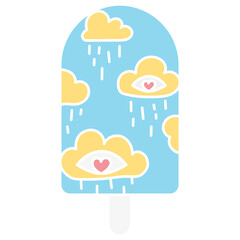 groovy ice cream, groovy boho popsicle in doodle flat color style. Whimsical ice cream with clouds and eyes, conveying emotions.