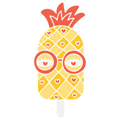groovy ice cream, groovy boho popsicle in doodle flat color style. Pineapple popsicle with glasses and hearts design.