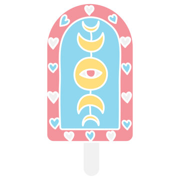 recommend clip art: groovy ice cream, groovy boho popsicle in doodle flat color style. Colorful ice cream pop with whimsical designs and hearts.