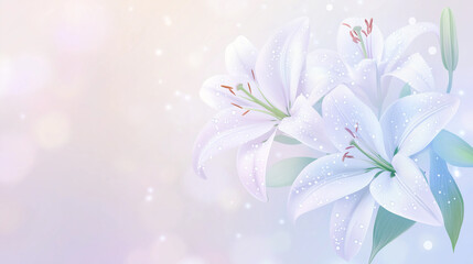 Fototapeta premium Elegant white lilies with dew drops on soft pastel background