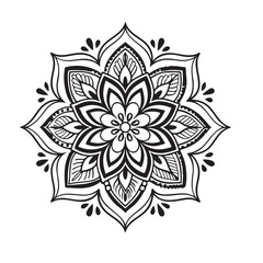 Intricate Mandala Design Symmetrical Floral Pattern in Black and White Line Art