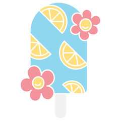 groovy ice cream, groovy boho popsicle in doodle flat color style. Colorful ice cream pop with lemon slices and pink flowers design.