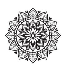 Intricate Mandala Design Symmetrical Floral Pattern in Black and White Line Art