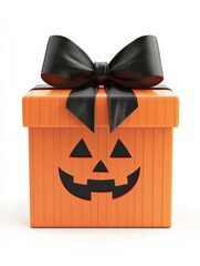 Halloween-themed gift box with a black bow and jack-o'-lantern face on a white background