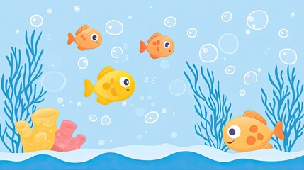 Fototapeta premium Underwater World: Adorable Cartoon Fish Swimming in a Vibrant Ocean Scene