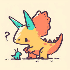 Fototapeta premium cute and funny orange Triceratops stands curiously next to small blue snail
