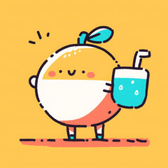 Fototapeta premium Cute cartoon character holding drink, cheerful and colorful design, perfect for kids themes